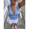 thumbnail image 2 of HH TRAF Top sexy de cuello halter decorado con botones a rayas azules para mujer, elegante, sin mangas, con volantes y espalda descubierta, 2 of 5