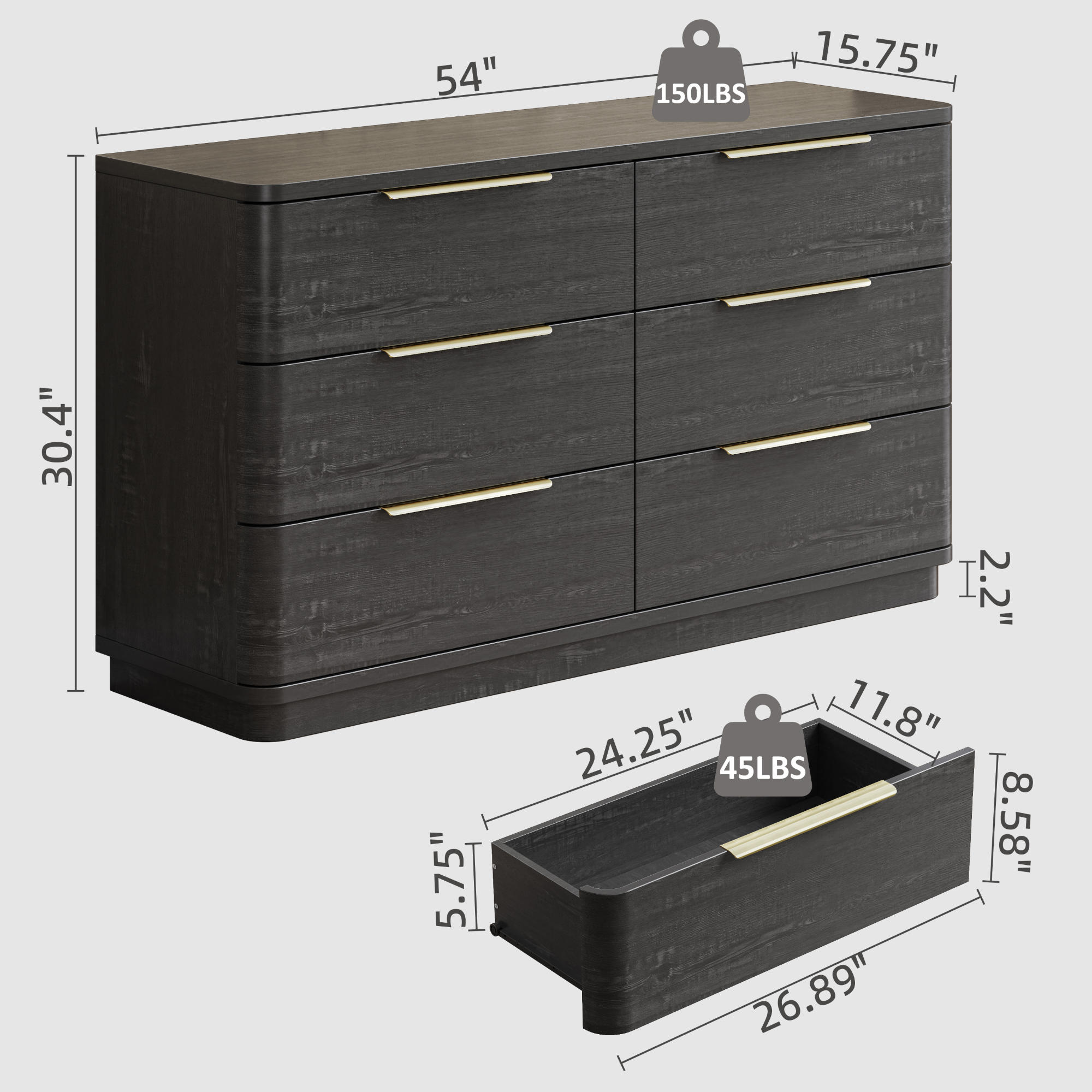 54" Wide Wood Dresser with 6 Drawers, Chest of Drawers for Bedroom, Hallway, Living Room, Wooden Dresser TV Stand, Black