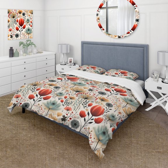 Designart "Nordic Simplicity In Red Florals" Floral Bedding Covert Set - Cottage Bed Set With 2 Shams