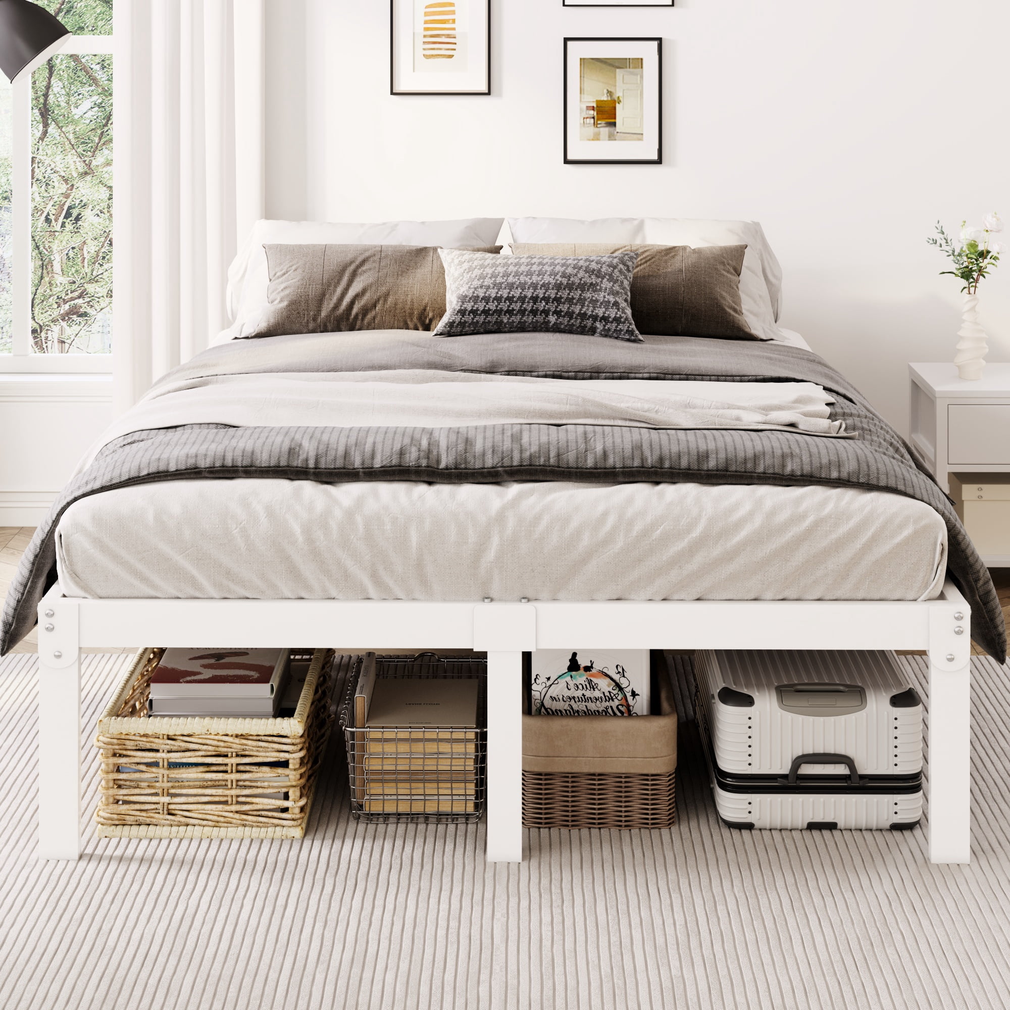 Merrland 12 Inch Queen Size Metal Platform Bed Frame, Heavy-Duty, Under-Bed Storage Space, Easy Assembly, Headboard Compatible, White