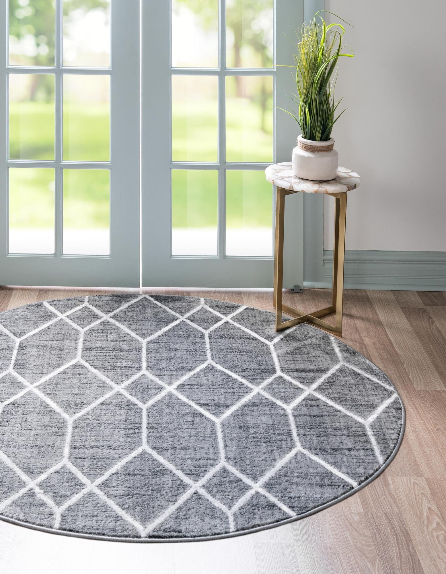Lattice Trellis Collection Rug 8 Ft Round Gray LowPile Rug
