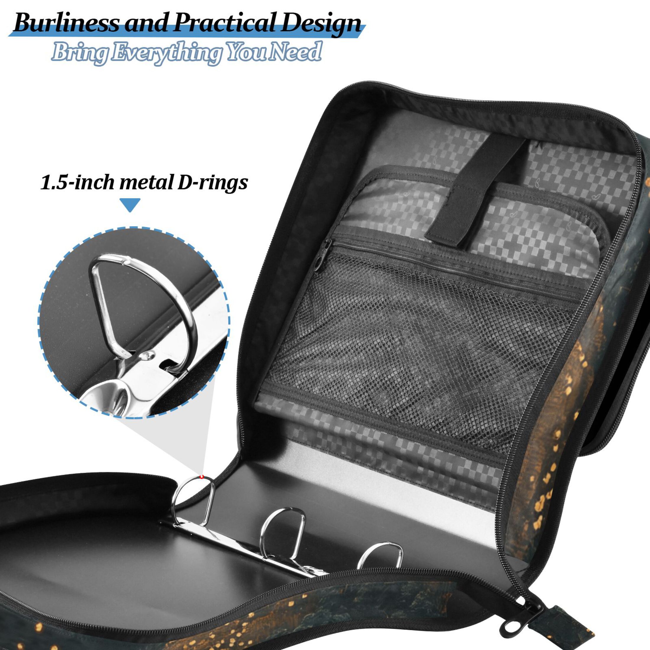 3 Ring Zipper Binder with Shoulder Strap Waterproof Trapper Keeper 2 Inch D-Ring 500 Sheets Capacity Golden Tree on River Bank