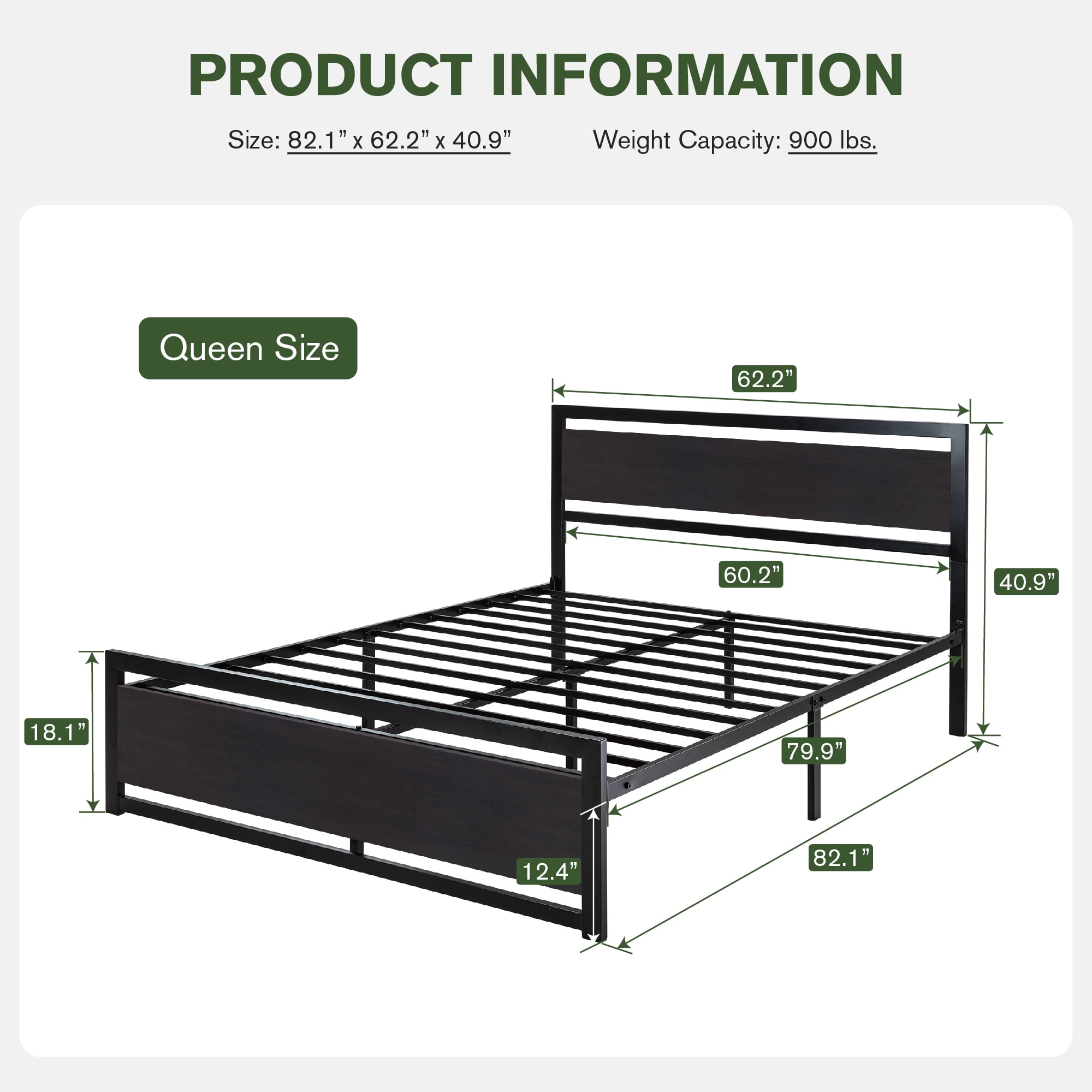 Einfach Queen Size Metal Platform Bed Frame with Wooden Headboard & Footboard, Black Oak