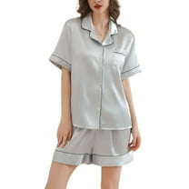 SWSMCLT Women's Satin Pajama Set Short Sleeve Button Down Classic Pajamas Summer Pjs 2 Piece Shorts Silky Cool Grey X-Small