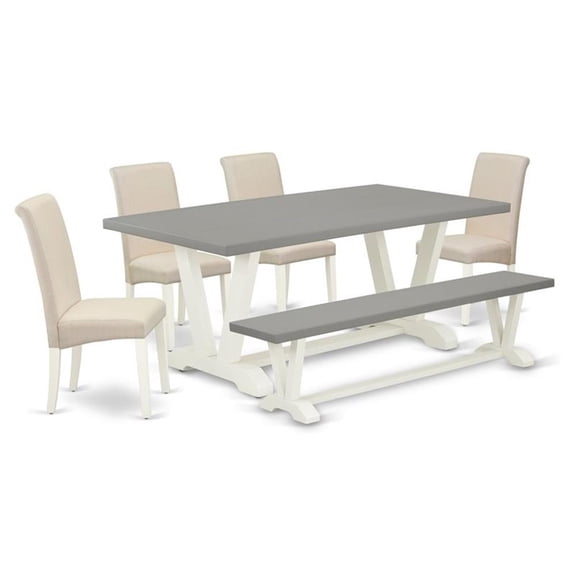 East West Furniture V-Style 6-piece Wood Dining Set with Bench in White/Cement