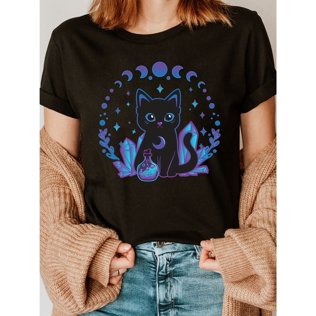 Halloween T-shirt - Adorable Crystal Black Cat Fashion Cotton Letter Print T-shirt, Short Sleeve Crew Neck Casual Top for Summer & Spring, Women's Clothing