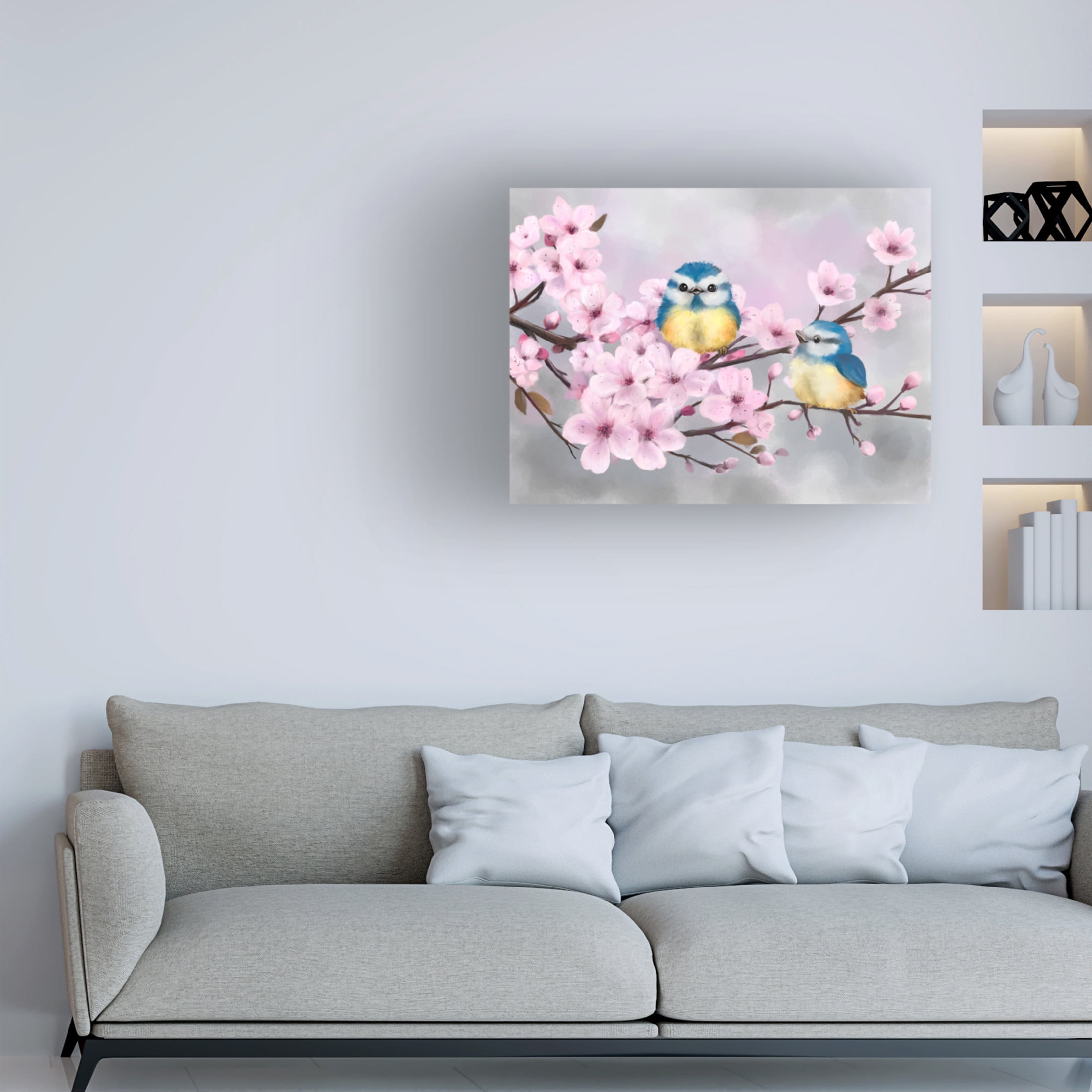 Canvas Wall Art - MAKIKO 'Spring Flowers with Little Birds' Wall Art for Living Room, Bedroom, or Office Décor by Trademark Fine Art - 32 x 24 Inches