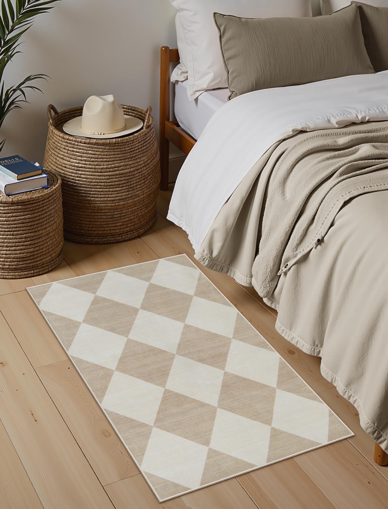 Lahome Decor 2'x3' Modern Washable Rugs for Bedroom, 2x3ft Non-Slip Door Mat Indoor Entrance, Farmhouse Checkered Rug,Soft Low Pile Carpet Throw Rugs for Entryway Laundry Bedroom,Beige