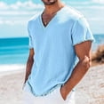 thumbnail image 2 of JULMCOMO Cotton Linen T Shirts for Men V Neck Short Sleeve Fringe Raw Hem Comfy Summer Shirt Casual Classic Tees Light Blue 3XL, 2 of 5
