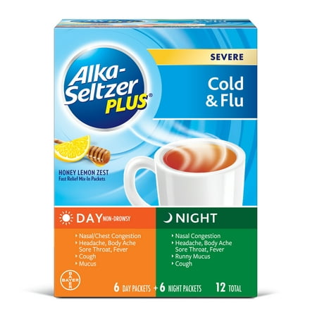 Alka-Seltzer Plus Day & Night Severe Cold & Flu, Honey Lemon Fast Relief Mix-In Packets, 12ct