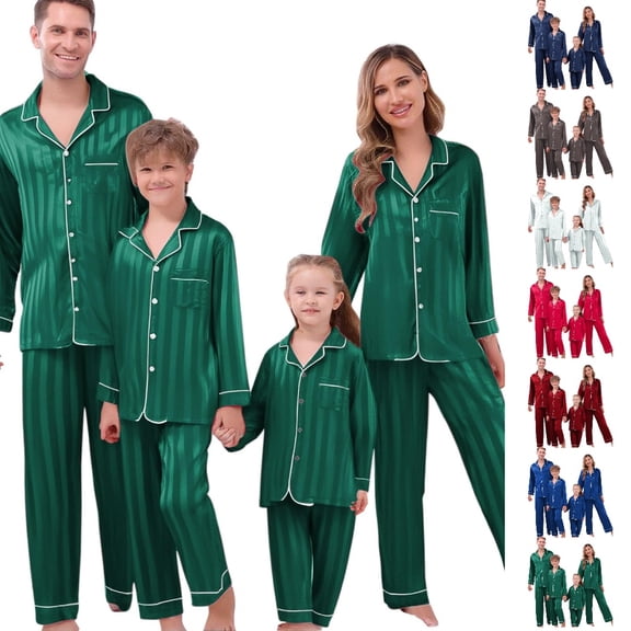 UJNDER Matching Christmas Pajamas for Family Long Sleeve Silk-like Satin Sleepwear Holiday Outfit Pure Color Two Piece for Dad,02_Green,XL