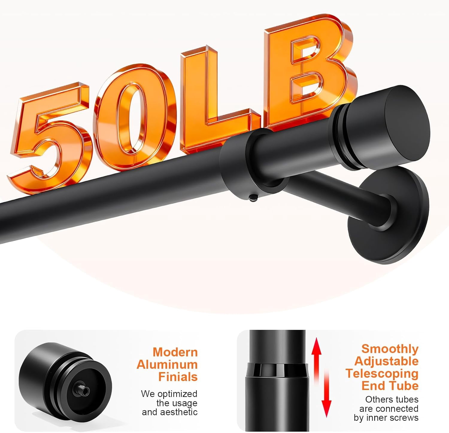 Black Curtain Rods for Windows 66 to 120 Inches (5ft -10ft) - 1" Diameter Thick Heavy Duty Drapery Rod, Adjustable Brackets with Hidden Screws, Metal Finials for Living Room Bedroom Outdoor