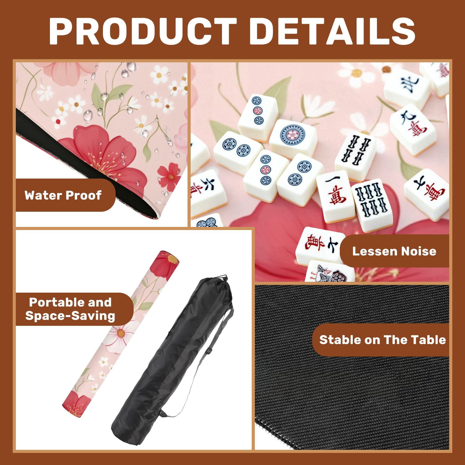 Mahjong Mat 31.5" x 31.5" Floral Red Pink Flowers Light Pink Non-Slip Noise Reduction American Mahjong Tiles Table Cover for Dominoes Poker Card Board Games Gift