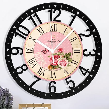 Home 10 Inch Battery Operated Silent Non-Ticking Vintage Wall Clock Design Wrought Iron Round Roman Numerals Indoor Clocks Rose Pink Style Wall Clocks 25cm Style 10×10inch(25×25cm)