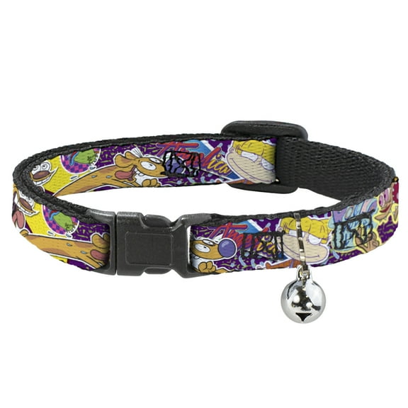 Nick 90s Breakaway Cat Collar With Bell, Plastic Clip, Easy Adjustable, Nick 90s Rewind Characters and Logo Collage, 8.5 to 12 Inches 0.5 Inch Wide