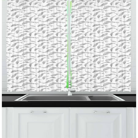 Curtains Marina Fish Curtains 2 Panels Set, Abstract Sketchy Marine Life Inspired Illustration Line Art Underwater Theme, Window Drapes for Living Room Bedroom, 55W X 39L Inches, Black White Silver, by Ambesonne ()