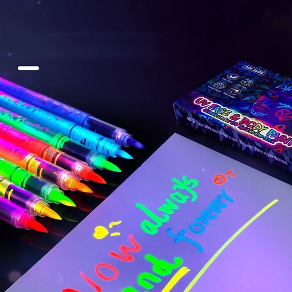 RUPKUL Paint Markers Glow In the Dark Party Supplies, 8 Color Washable Temporary Tattoo Markers, Skin-Safe Blacklight Tattoo Pens for Festival & Party