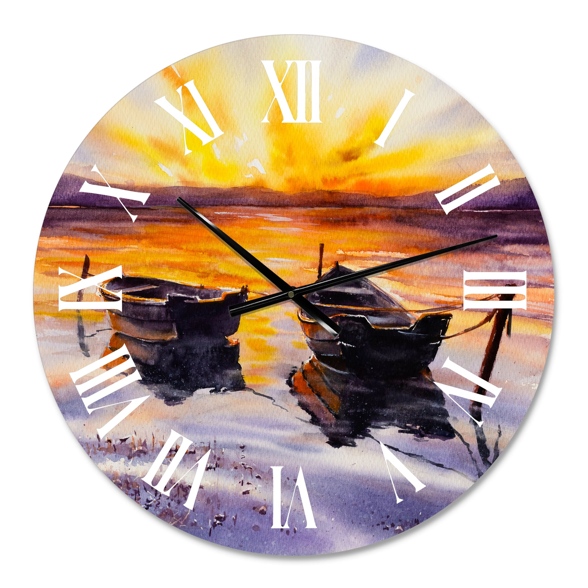 Designart 'Sunset And Two Small Boats Parking On The Shore' Lake House Wall Clock