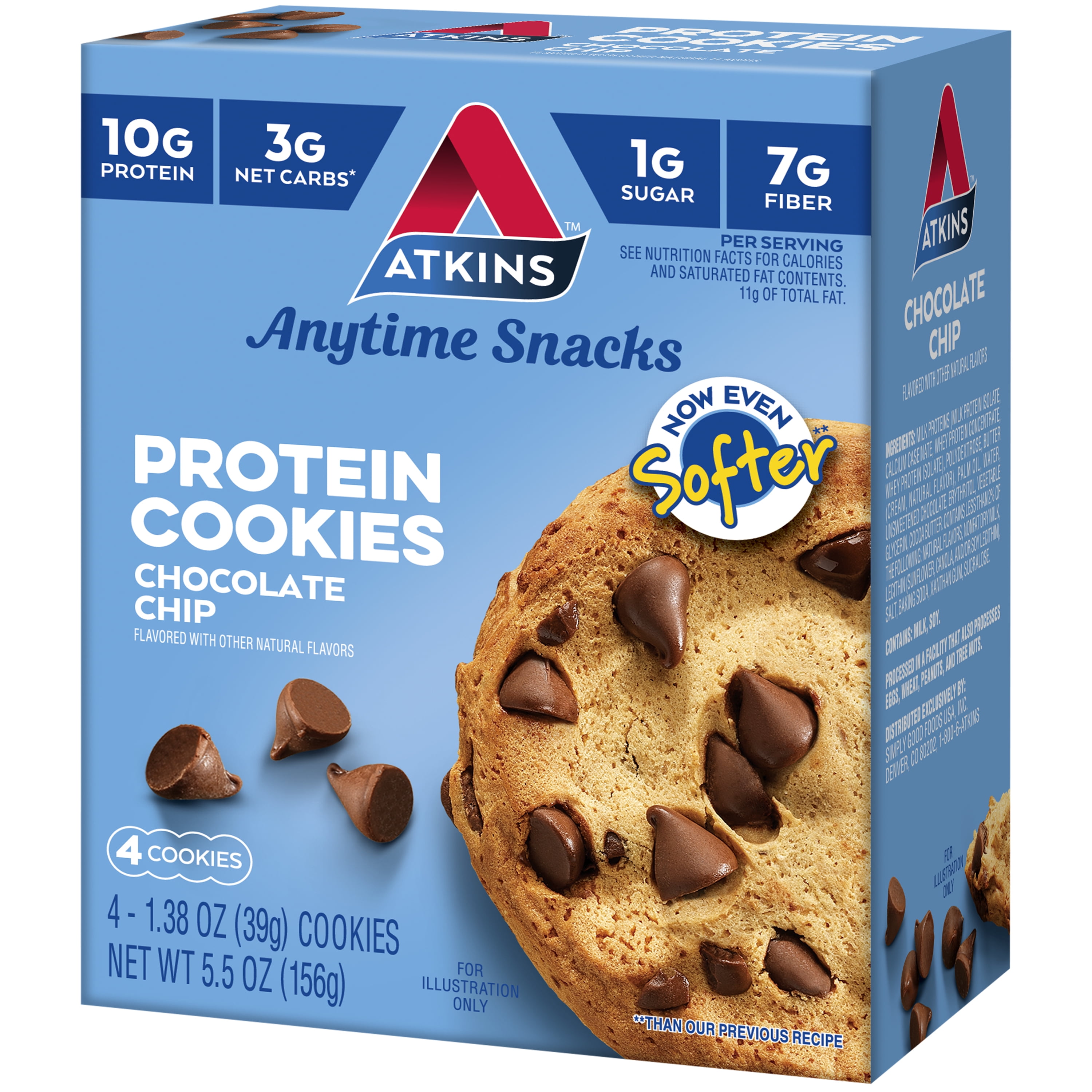 Atkins Chocolate Chip Protein Cookie, Protein Dessert, Rich in Fiber, Low Carb, Low Sugar, Keto Friendly, 6/4 Packs