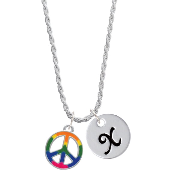 Delight Jewelry Silvertone Large Rainbow Colored Peace Sign Silvertone Script Initial Disc - X - Charm Necklace, 20"+3"