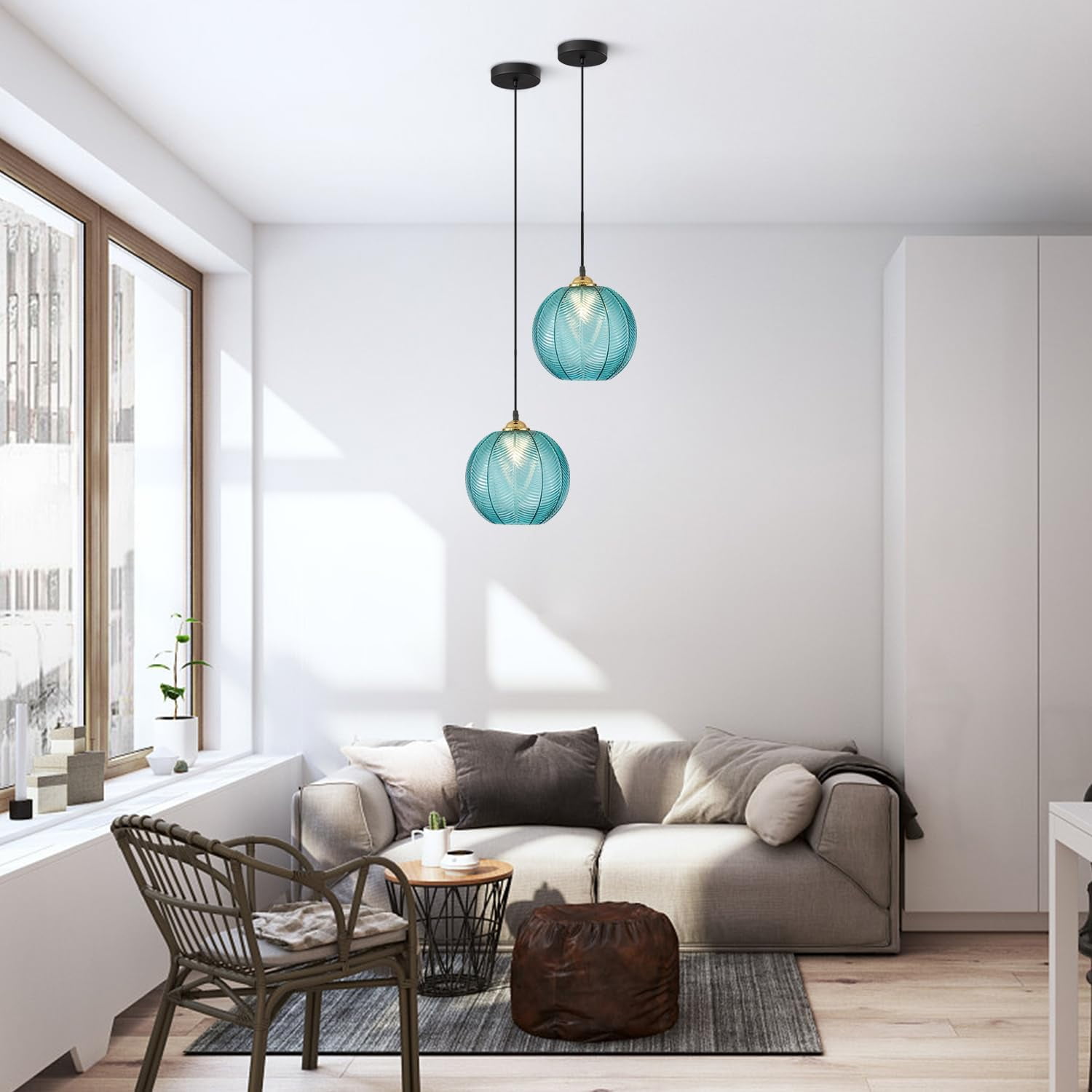 KCO Lighting Mid Century Modern Blue Large Globe Glass Pendant Light, Round Ceiling Hanging Lighting Fixture, Adjustable Cord