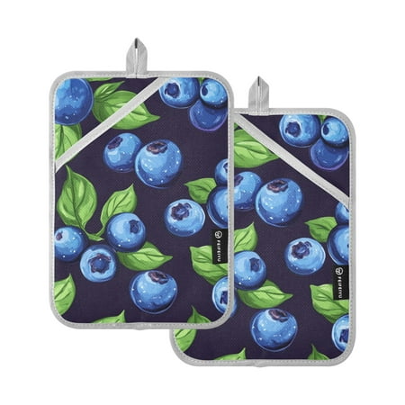 

【Heat-Resistant】Quilted Cotton Potholders Set of 2 - Stylish Kitchen Grips for Hot Pots & Pans，Ovens.etc. Blueberry with Leaves
