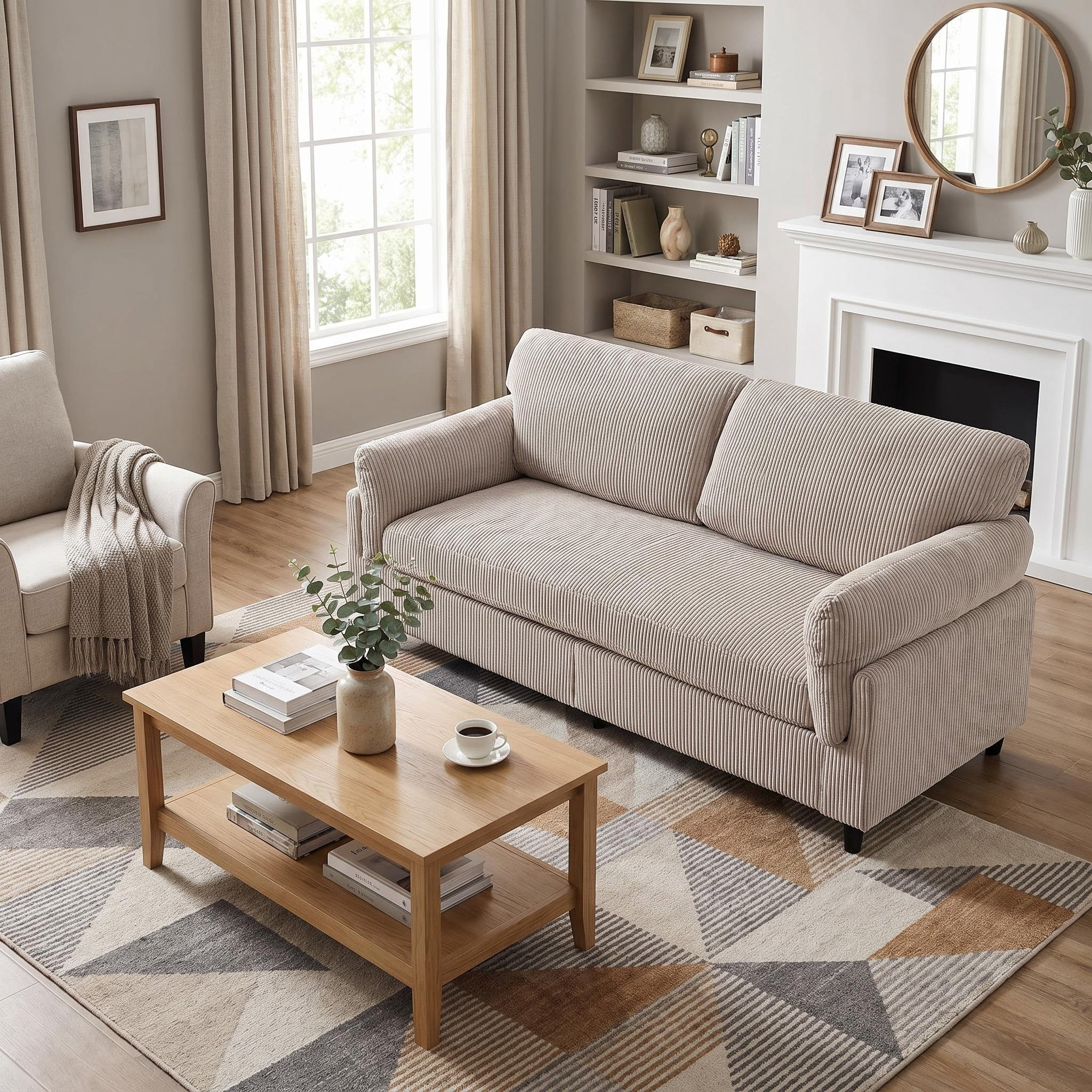 MOONMISS 82.6" Retro Corduroy Loveseat Sofa with Solid Wood Legs, 2-Seater Modern Upholstered Couch for Living Room,Bedroom,Camel