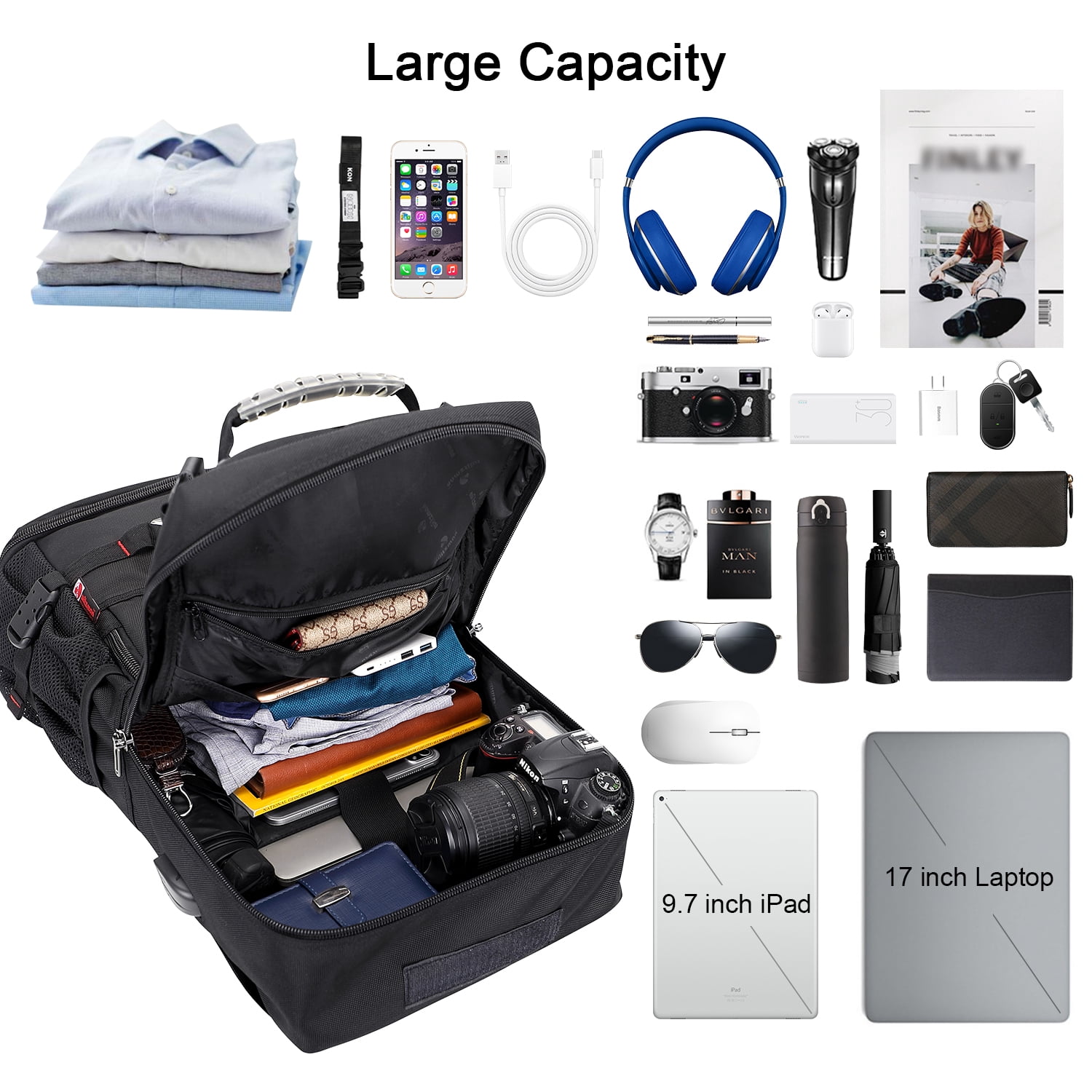 WITZMAN Carry on Nylon Travel Backpack for Men Convertible Large Duffle Luggage Bags for Airplane fit 18 inch Laptop B681 Black