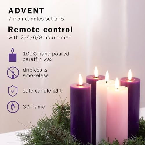 Pillar Advent Candles Set of 5, Battery Operated Advent Candle Set with Remote and Timer, 2x7 Pink and Purple Pillar Candle Set, Flameless Advent Candles for Advent Wreath Pillar Candle Holder
