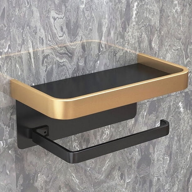 Elegante portarrollos autoadhesivo para papel higiénico, innovador diseño de aluminio espacial con estante de almacenamiento, resistente al agua y al óxido para una organización sin complicaciones