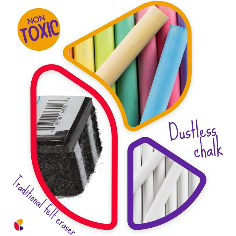 Kedudes Chalk for Kids - 24 Pack Non-Toxic Colored Chalkboard Chalk - 12 Pack of Dustless White Chalk - 12 Pack of Assorted Colored Chalks - Premium