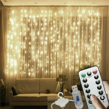 YAKESD 300LED Fairy Curtain Lights, USB Plug in 8 Modes Christmas Fairy String Hanging Lights with Remote Controller for Bedroom, Indoor, Outdoor, Weddings, Party, Decorations (9.8x9.8Ft, Warm White)