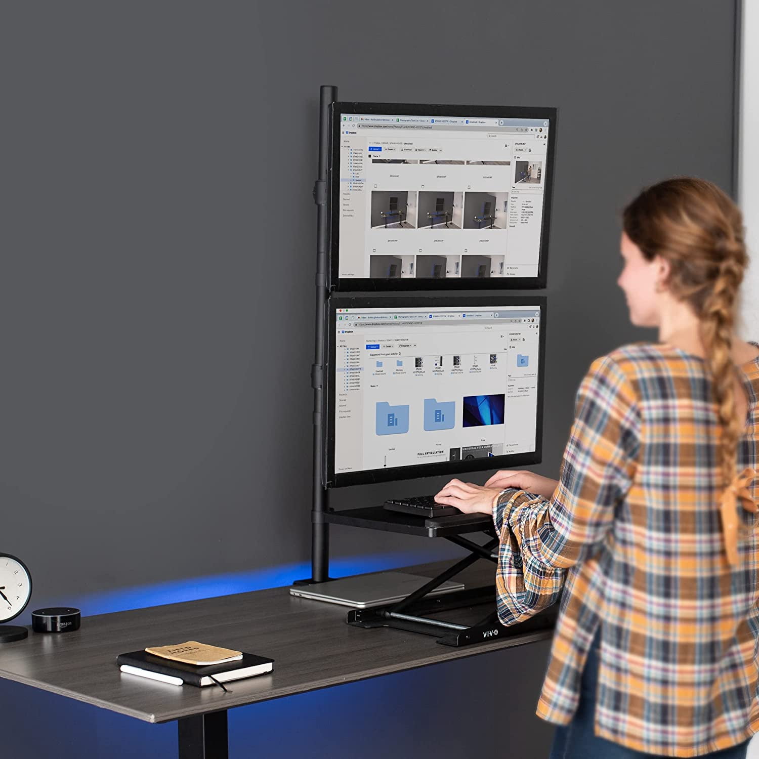 Tall Vertically Stacked Dual Monitor Desk Mount Stand with 39 inch Stand- Pole, Fully Adjustable Extended Arms, Fits 2 Screens  to 27 inches, STAND-V012T