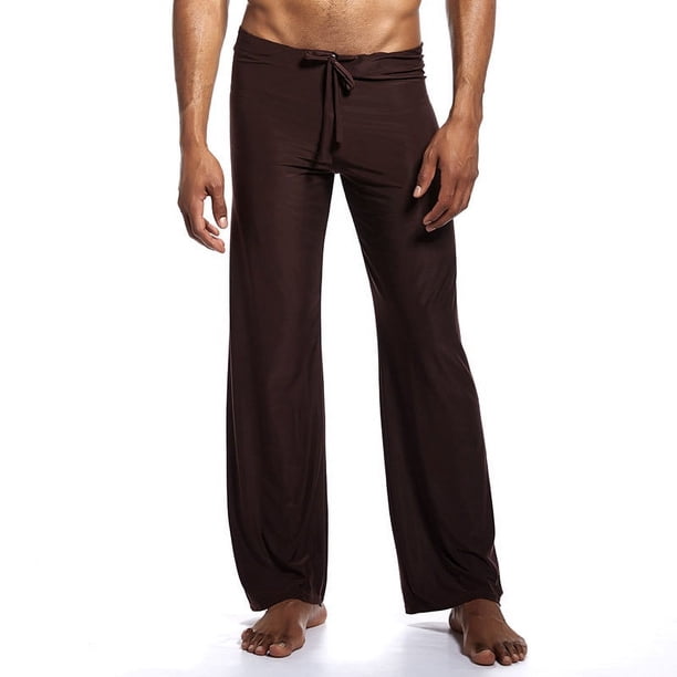 Pantalones de pijama para hombre, de seda helada, holgados, de poliéster, con cordones, de color liso, talla grande, para yoga