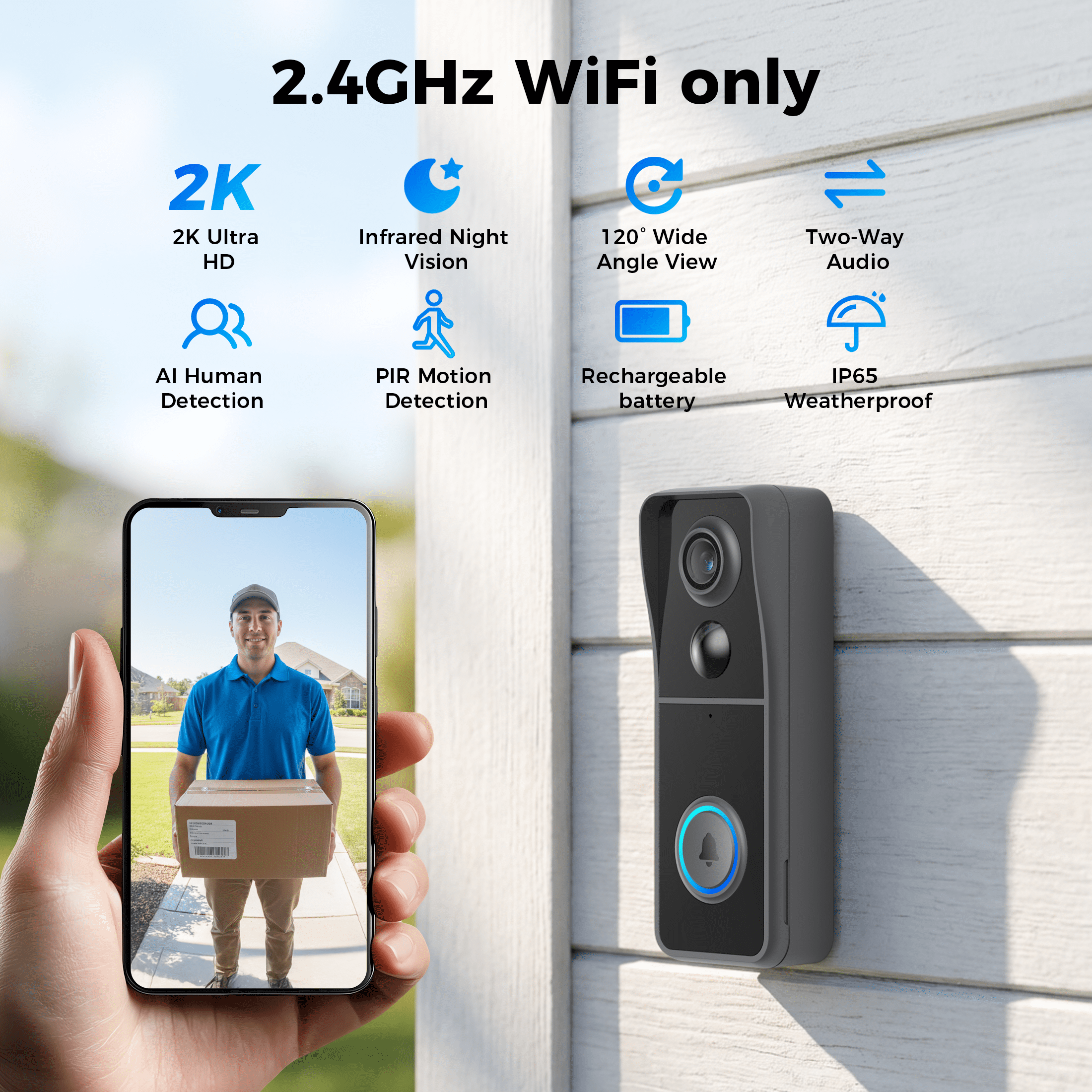 Liwan 2K Wireless Video Doorbell Camera with Chime, Smart PIR Motion Detection, 2-Way Audio, IP65 Waterproof Battery Powered Security Doorbell for Home
