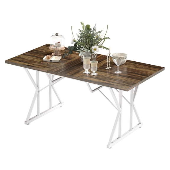 Extendable Dining Table 47-63 Inch, Farmhouse Kitchen Table for 6, Trestle Base, Distressed Brown