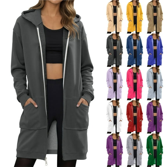 Otntypg Long Hoodie Tops for Women Fashion Fall Winter Full Zip up Drawstring Long Sleeve Fleece Lined Hooded Sweatshirts Loose Fit Casual Outwear Coat with Pockets Blue XL