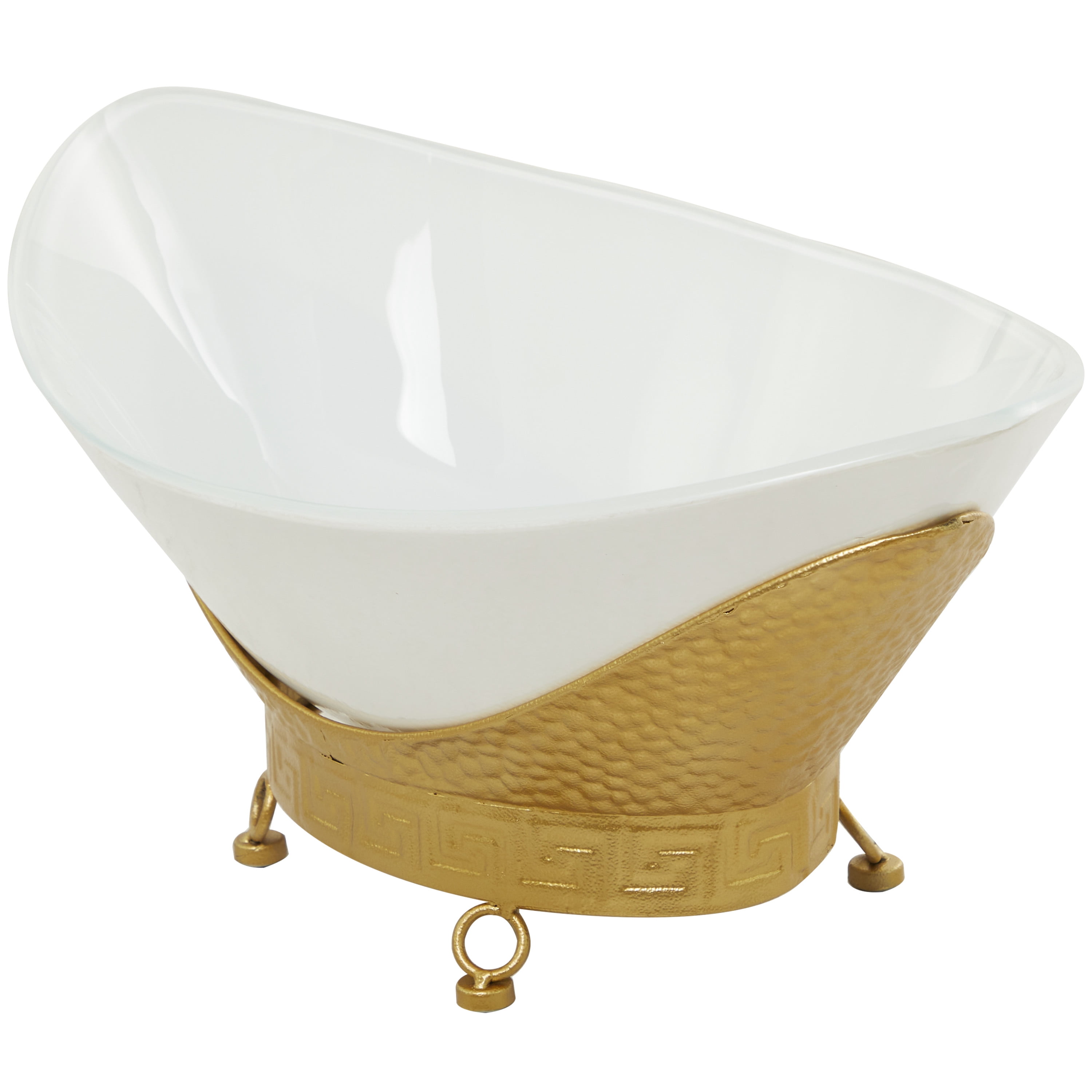 CosmoLiving by Cosmopolitan 23" x 11" White Glass Hammered Kitchen Serving Bowl with Gold Metal Stand and Ring Feet, 1-Piece
