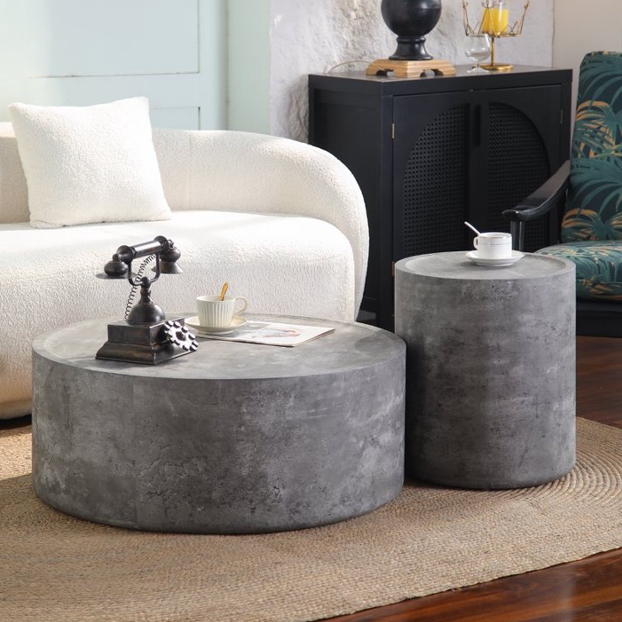 Leumius Round Coffee Table with Faux Concrete Finish, Modern Drum Circle Coffee Table for Living Room Bedroom, No Need Assembly Gray 2