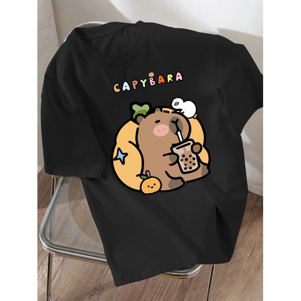 New Spring And Summer Loose Casual Stylish T-Shirt for Boys Featuring a Cool Capybara Cartoon Design, Perfect for Everyday Wear.