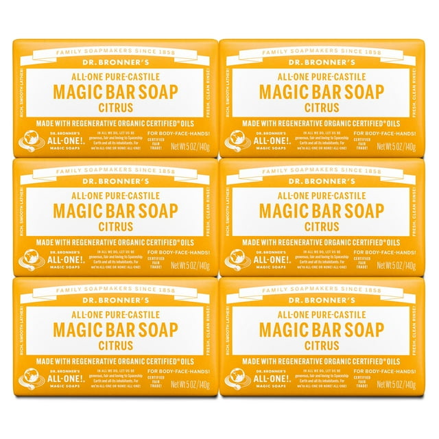 Jabón en barra Dr. Bronner's Pure-Castile Magic Citrus de 150 ml, paquete de 6