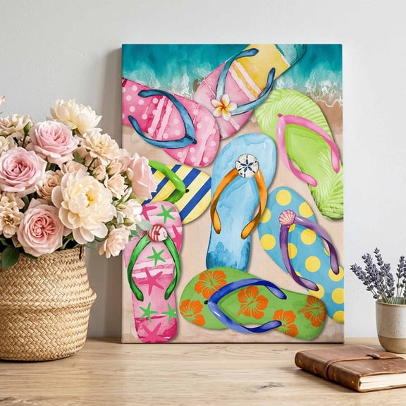 Canvas Wall Art Summer Colorful Flip-flops Canvas Art Print Beach Sea Shell Pattern Pictures Wall Decor for Living Room Bedroom Artwork Decorations Stretched Framed Ready to Hang 16"x24"