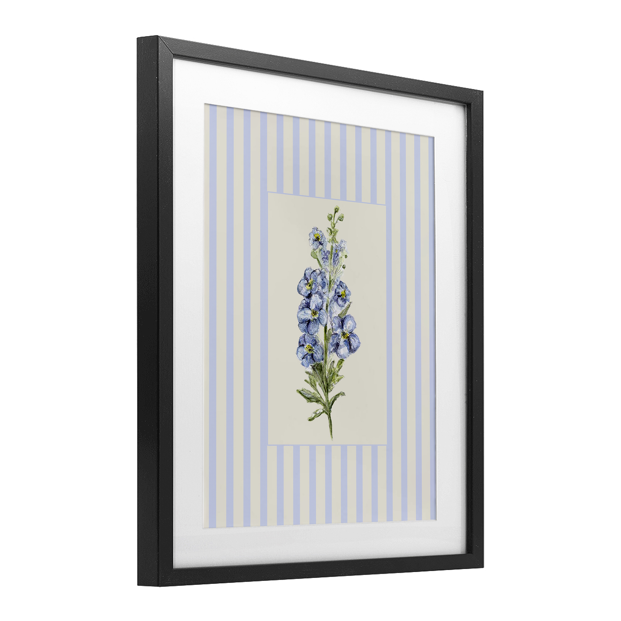 Blue Stripe Larkspur Black Framed Print Under Glass, design by Lisa Wehmeyer