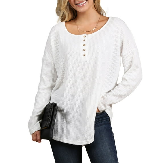 Doublju Women's Button Placket Long Sleeve Waffle Henley Top (S-3X)