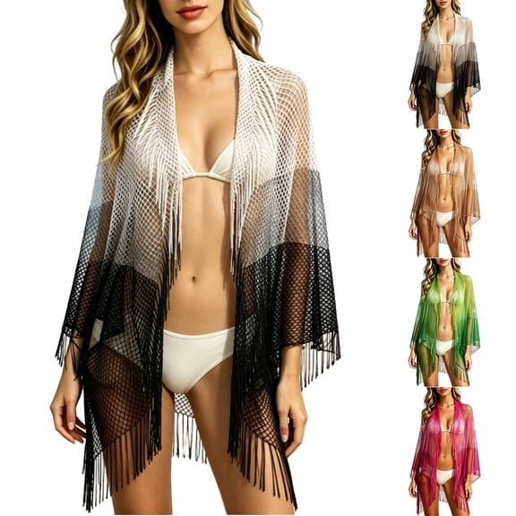 Hesxuno Mesh Summer Cardigans for Women Longline Beach Open Front Cover Up Fringe Boho Casual Kimono Cardigan Swimwear Bikini Coverup Black Free Size