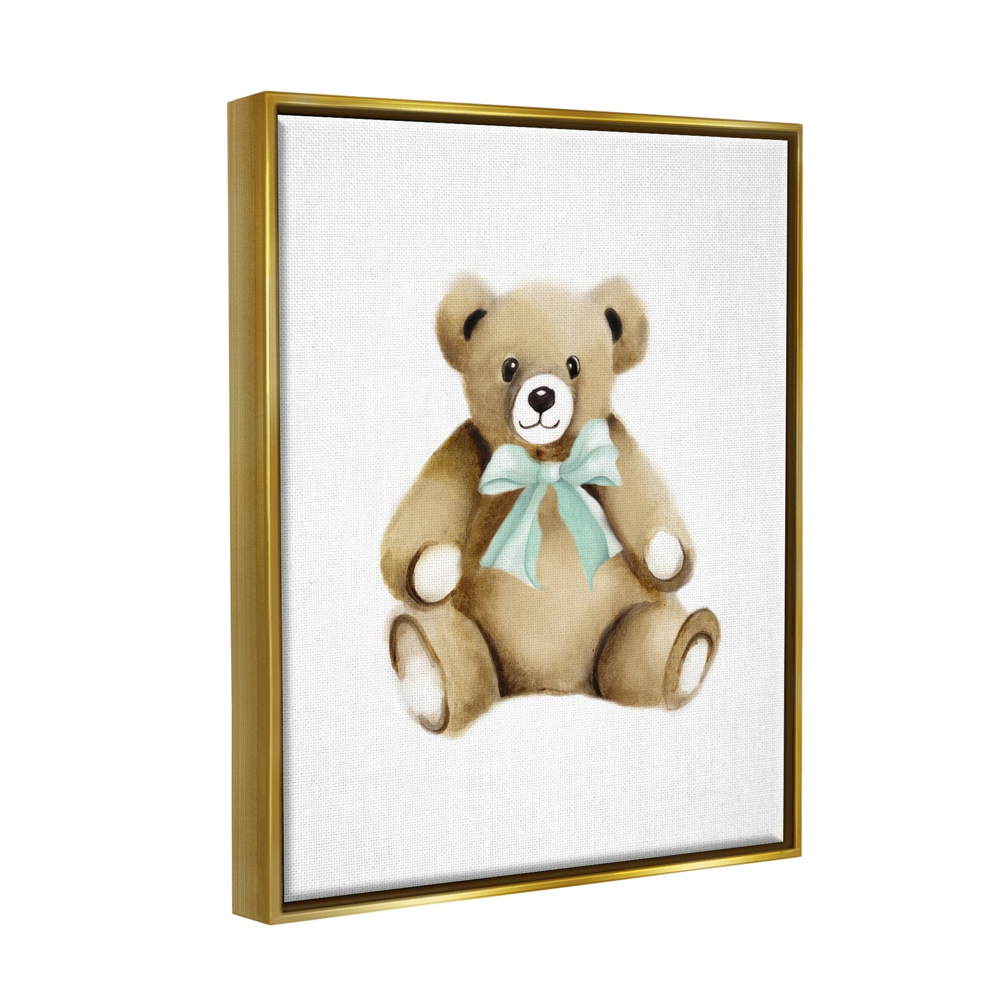 Stupell Industries Smiling Teddy Bear Bow Stuffed Animal Sitting Graphic Art Metallic Gold Floating Framed Canvas Print Wall Art, Design by Studio Q