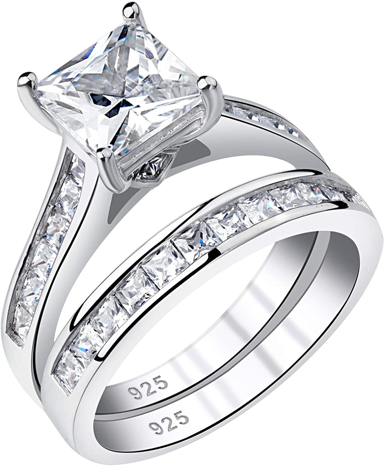 Sterling Silver .925 CZ Halo Princess Cut Engagement Ring Wedding Band Set 5-10 