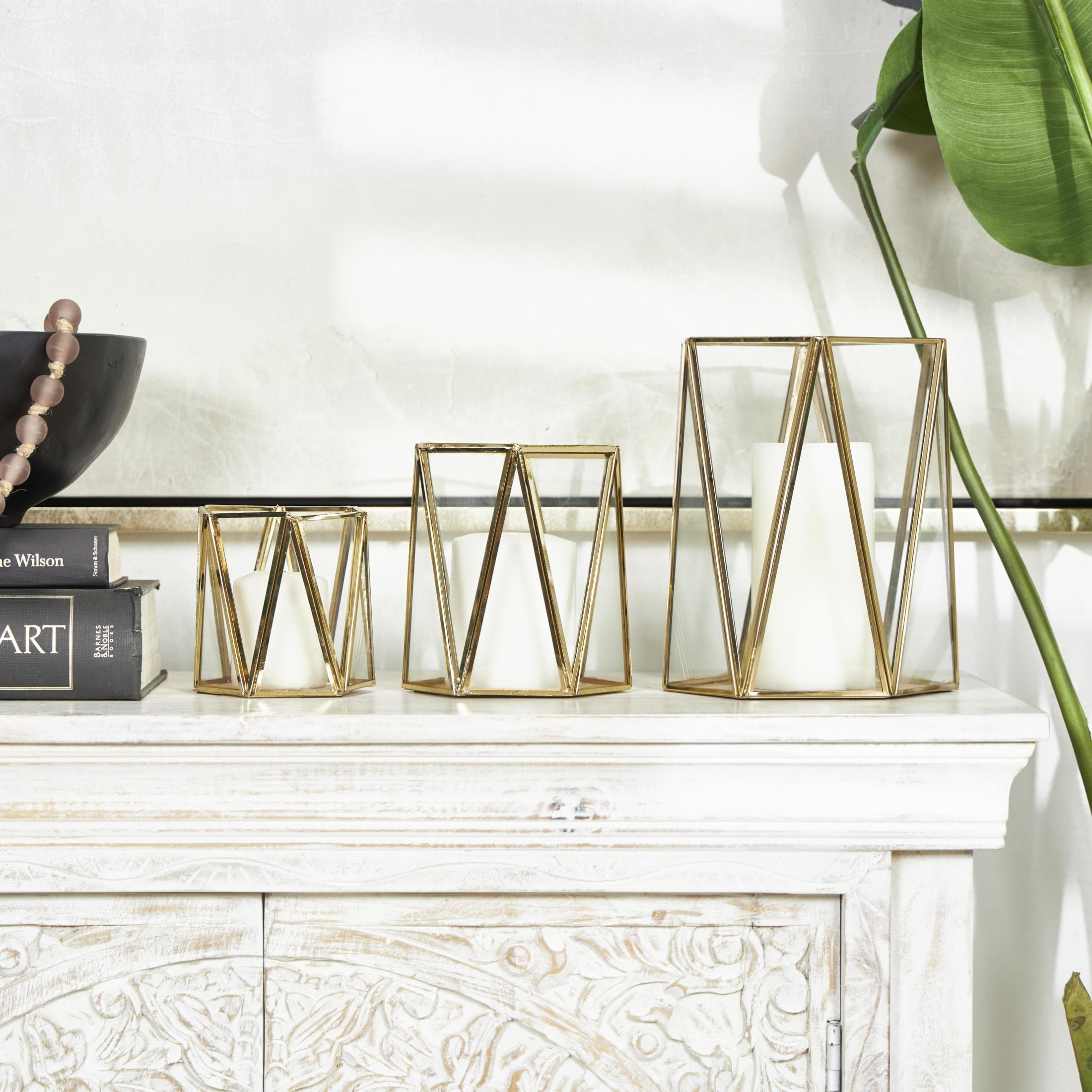 CosmoLiving by Cosmopolitan 3 Holder Gold Metal Geometric Triangle Patterned Hexagon Candle Lantern with Clear Glass, Set of 3