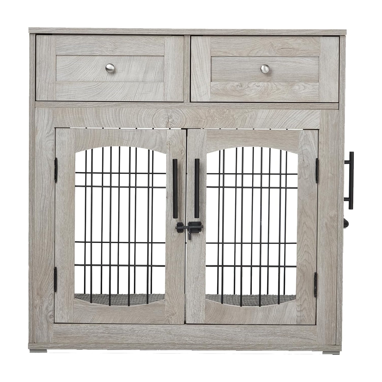 Emorefun Wooden Dog Crate Furniture, 40" Heavy Duty Dog Kennel with Cushion & Drawers for Indoor, Gray