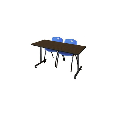 Regency Kobe 72 x 30 in. T-Base Training Seminar Table- Neo Walnut 2 M Stack Chairs- Blue